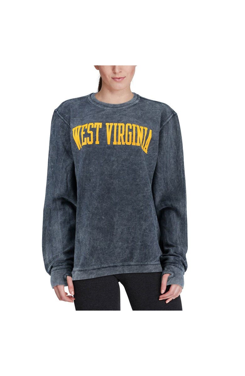PRESSBOX Women's Pressbox Navy West Virginia Mountaineers Comfy Cord Vintage Wash Basic Arch Pullover Sweatshirt, Alternate, color, Navy