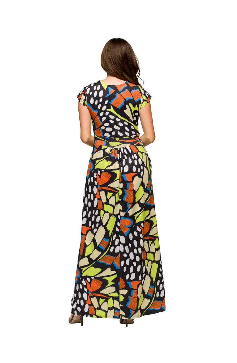 24seven Comfort Apparel Maternity Butterfly Print Cap Sleeve V-Neck Side Slit Pocket Maxi Dress, Alternate, color, Orange Multi