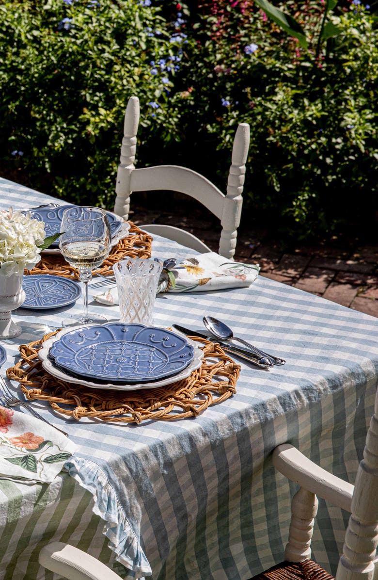 Juliska Gingham Ruffle Cotton & Linen Tablecloth, Alternate, color, Ocean