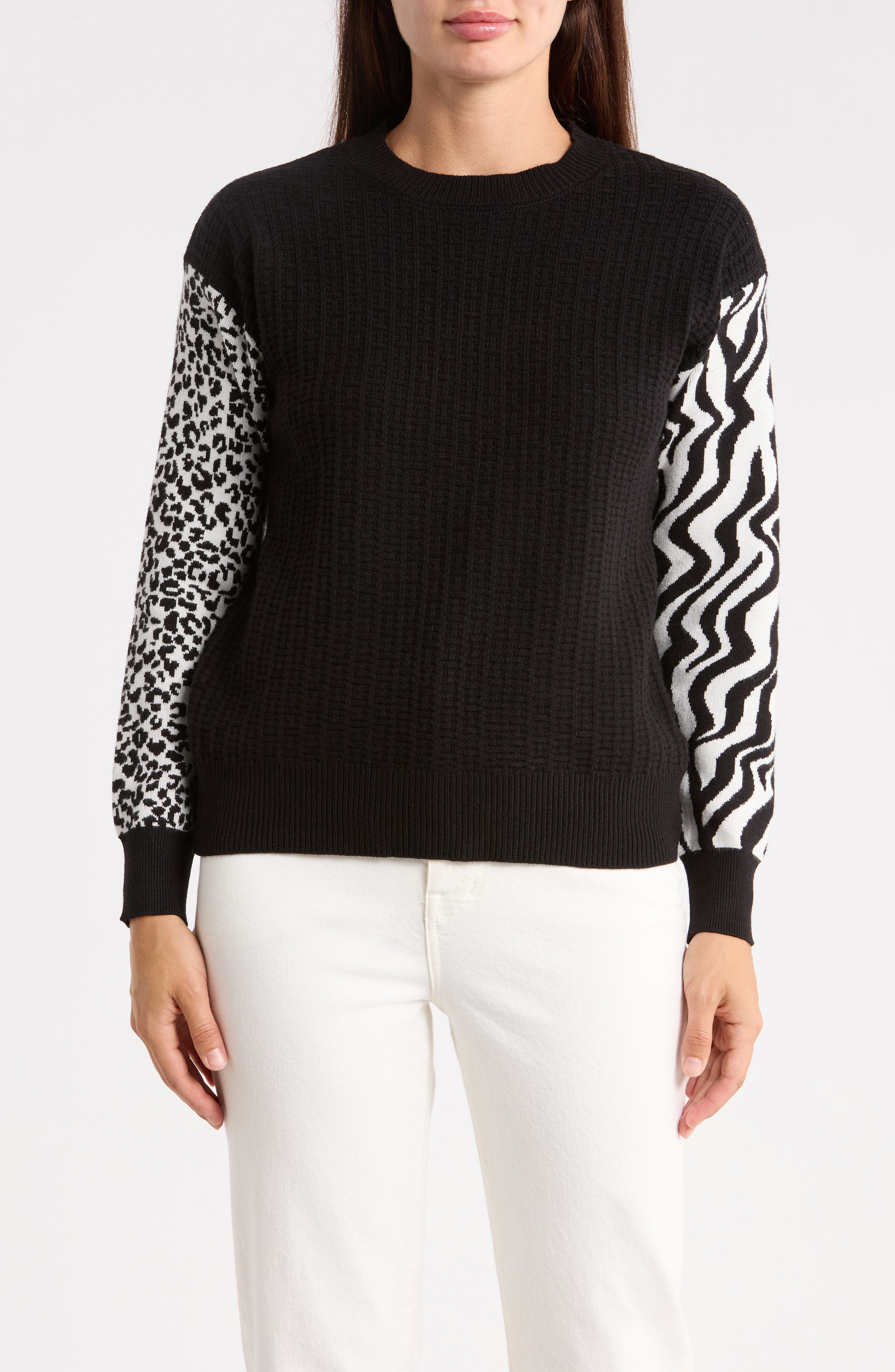 Animal Pattern Sleeve Crewneck Sweater