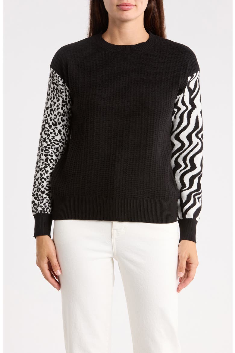 Animal Pattern Sleeve Crewneck Sweater, Main, color, BLACK