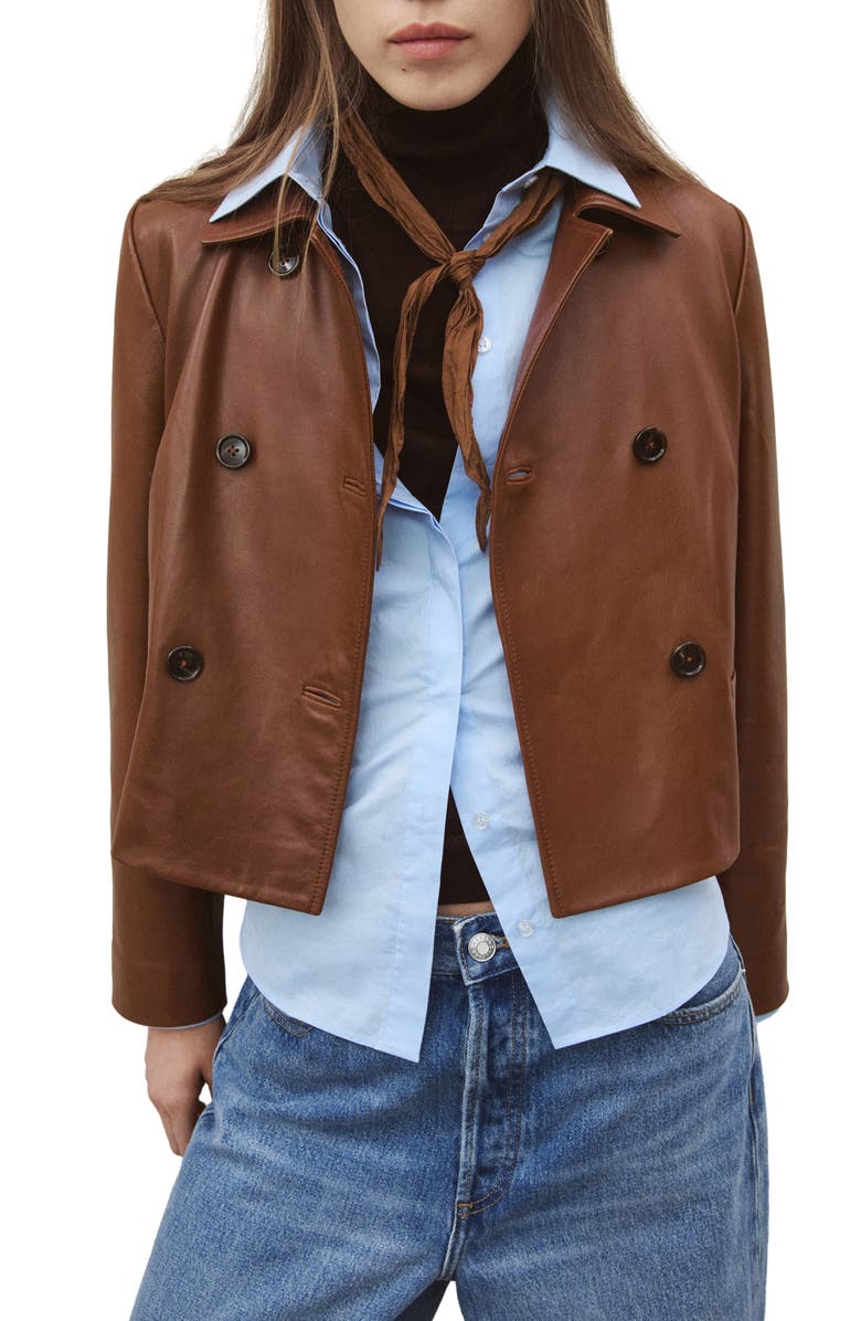 MANGO Double Breasted Leather Jacket, Main, color,