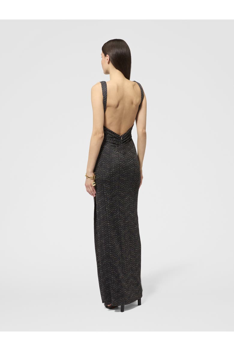 Long Dress In Lamé Viscose With Greek Key Motif, Alternate, color, Grey& Silver