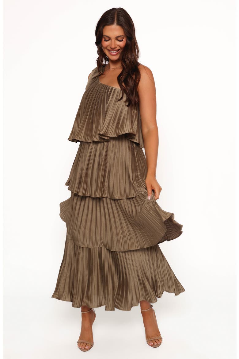 Mia One-Shoulder Tiered Plissé Midi Dress, Alternate, color, OLIVE