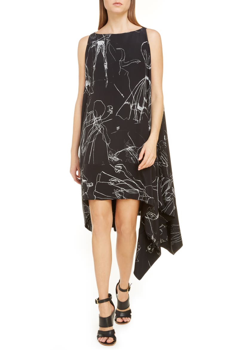 Alexander McQueen Dancing Girls Asymmetrical Silk Crêpe de Chine Midi Dress, Alternate, color, BLACK IVORY