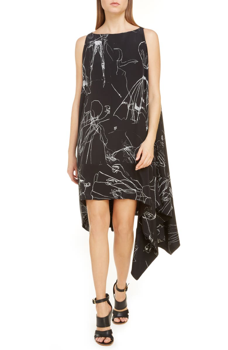 McQueen Alexander McQueen Dancing Girls Asymmetrical Silk Crêpe de Chine Midi Dress, Alternate, color, 