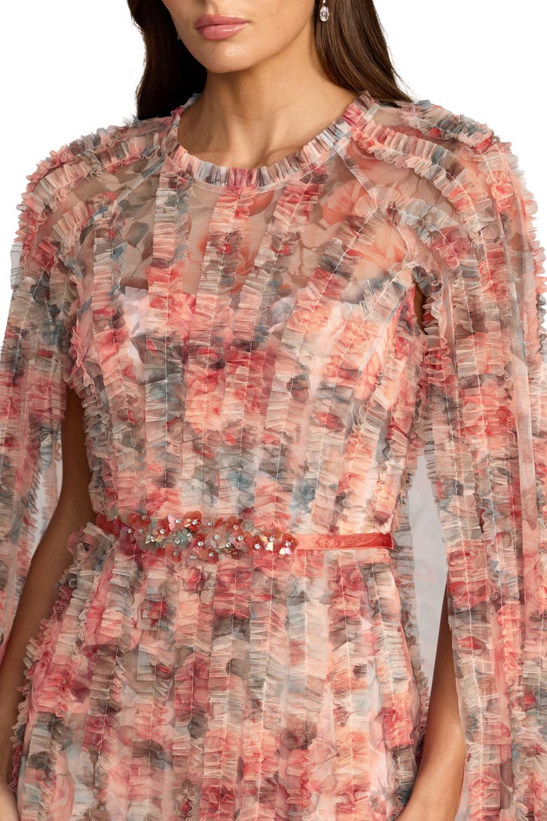 Floral Mesh High Neck Cape Sleeve Ruffle Gown, Alternate, color, Cream Multi
