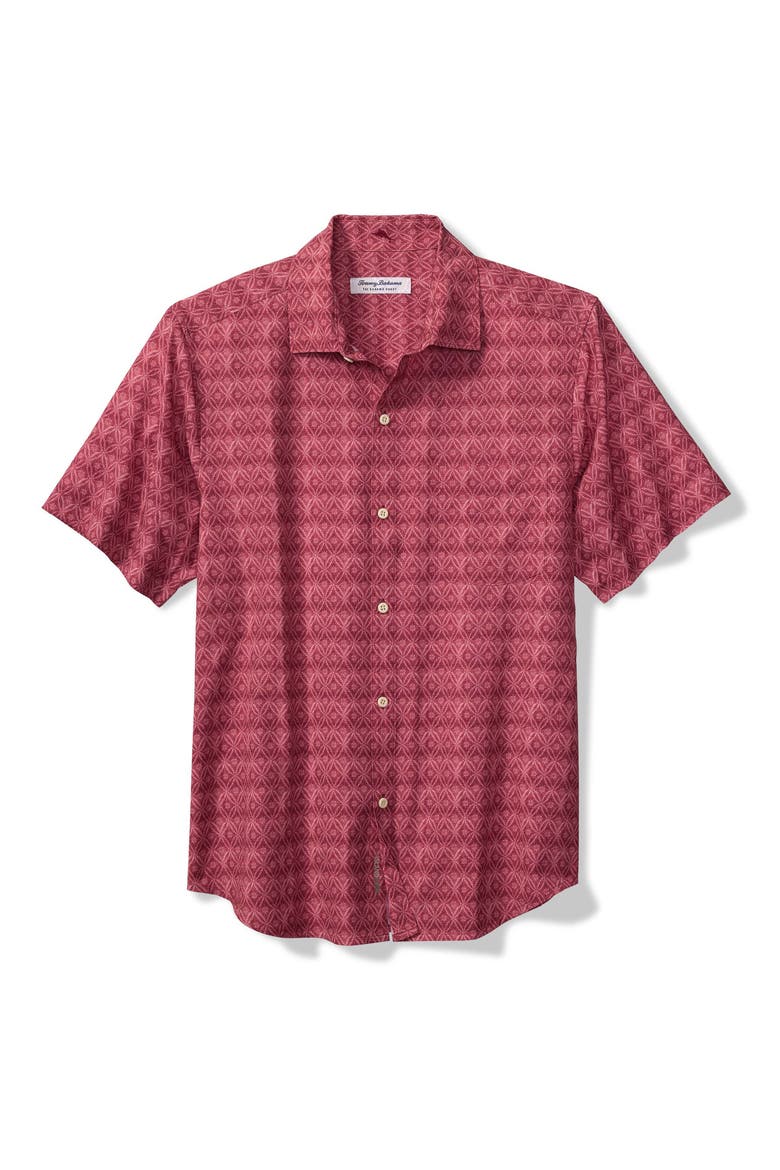 Bahama Coast Tile Isle Geo Print IslandZone® Short Sleeve Button-Up Shirt, Main, color, PLUM RAISIN
