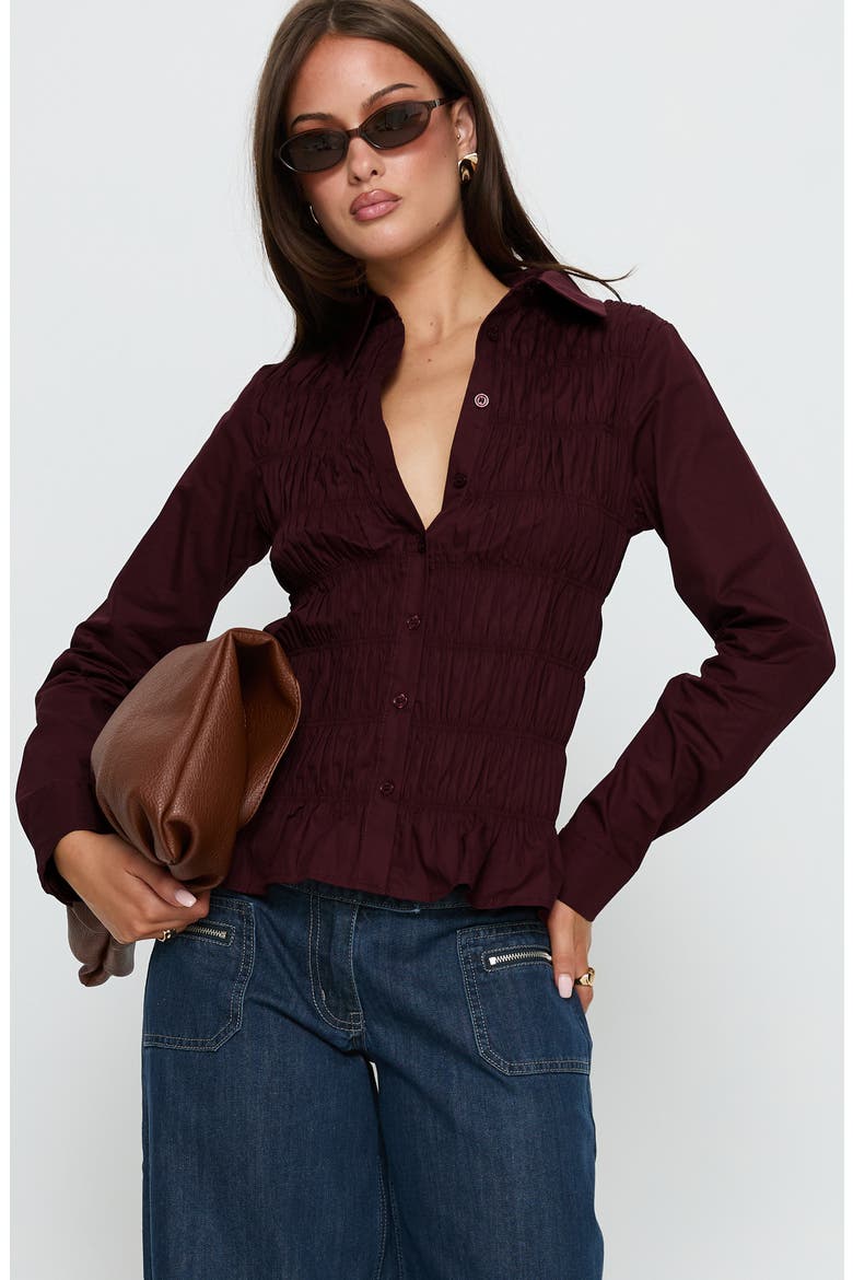 Cultivate Smocked Cotton Button-Up Shirt, Alternate, color, PLUM