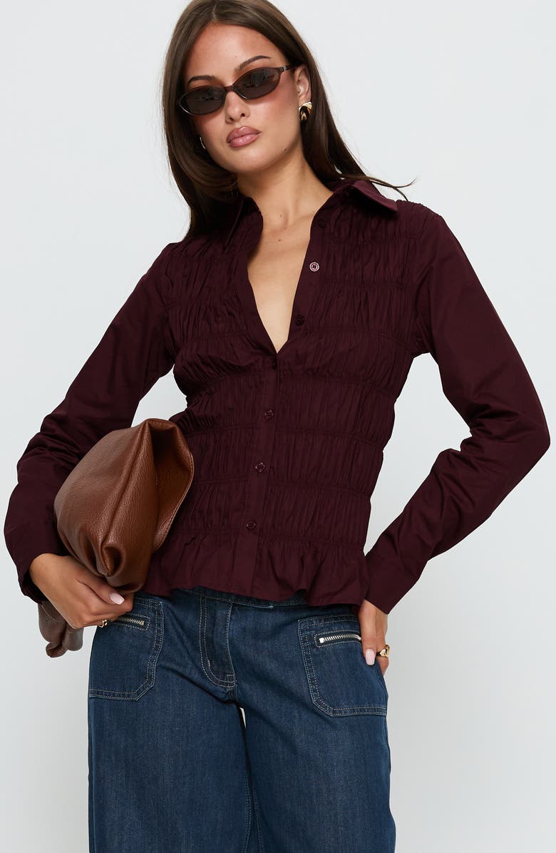 Princess Polly Cultivate Smocked Cotton Button-Up Shirt, Alternate, color, Plum