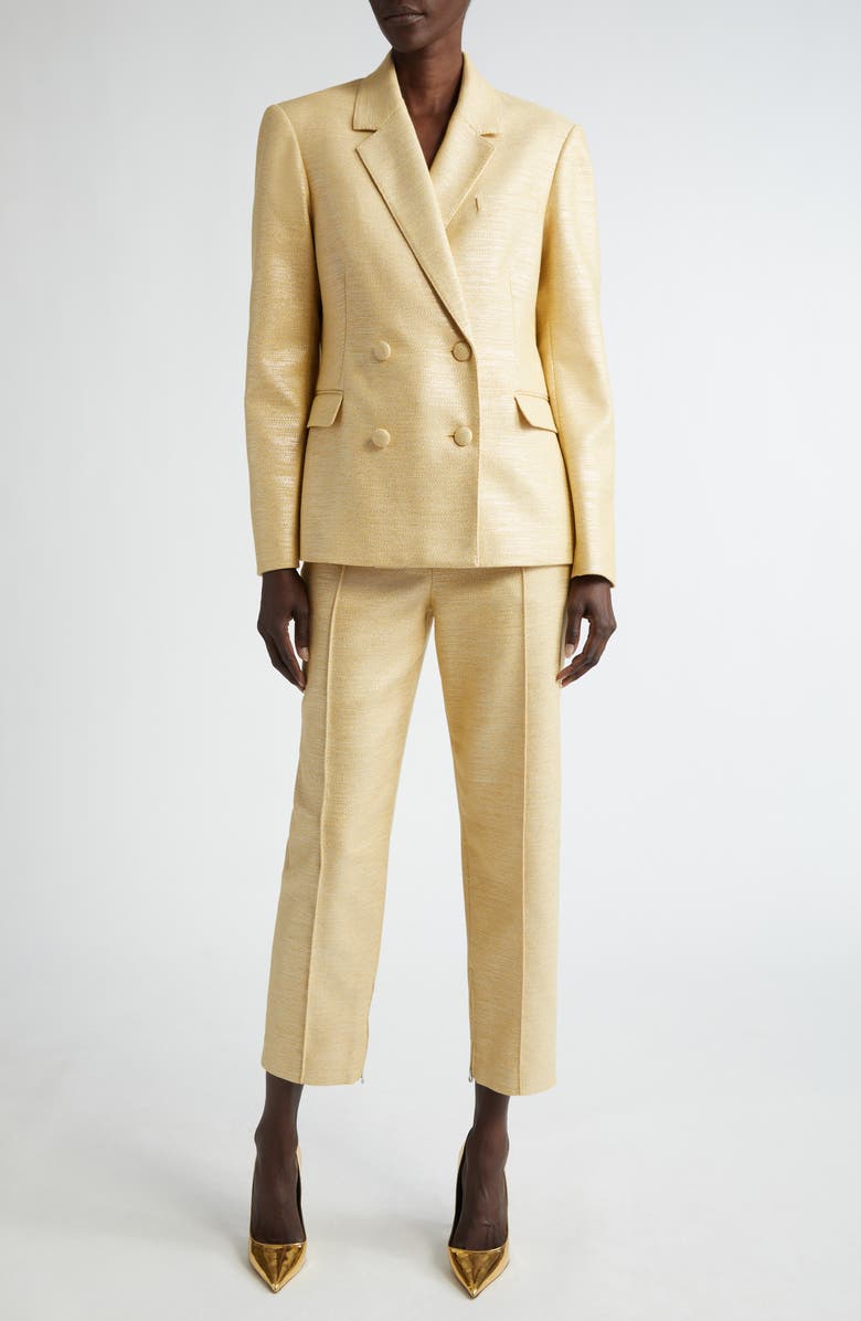 ST. JOHN Doubled Breasted Metallic Twill Blazer, Alternate, color, Silver/ Sunflower Multi