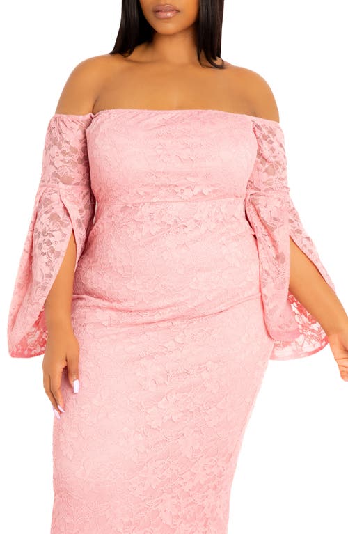 Shop Buxom Couture Lace Off-the-shoulder Midi Dress In Mauve