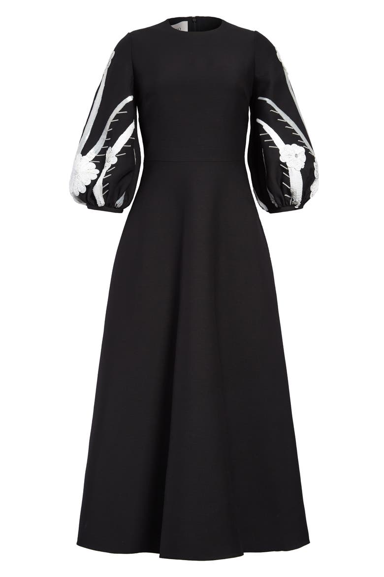 Floral Sequin Balloon Sleeve Wool & Silk Maxi Dress, Main, color, NERO/ AVORIO