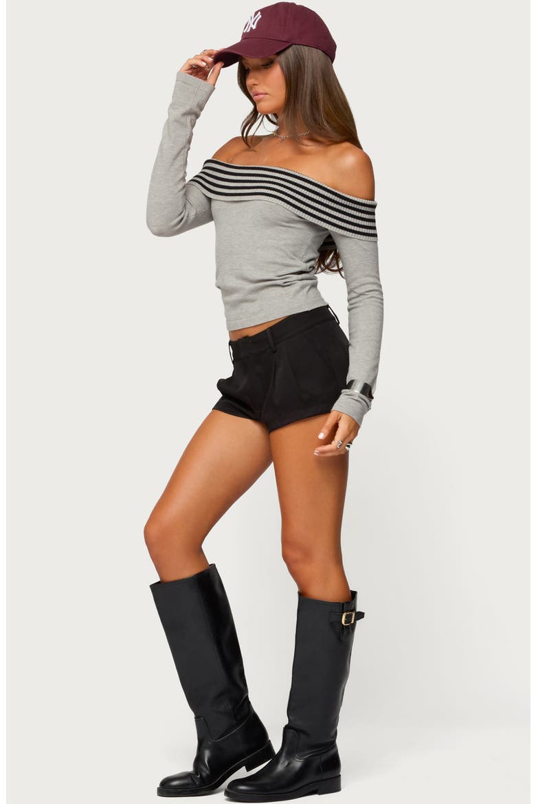 Leetal Stripe Foldover Off the Shoulder Long Sleeve Top, Alternate, color, GRAY-MELANGE