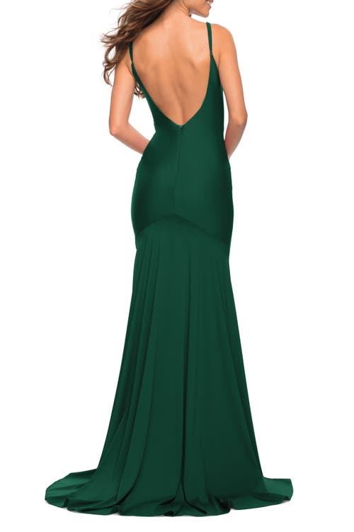 La Femme Chic Luxe Jersey Gown With Train And V Back In Emerald