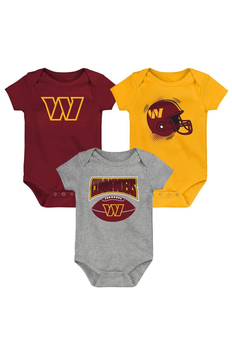 Outerstuff Infant Burgundy/Gold/Heathered Gray Washington Commanders 3-Pack Game On Bodysuit Set, Main, color, 