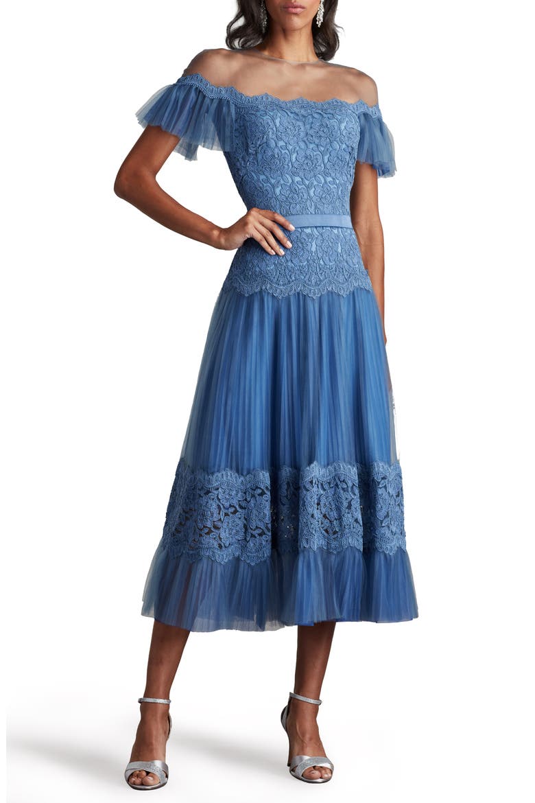 Mixed Media Lace & Tulle Cocktail Midi Dress, Alternate, color, BLUE STONE