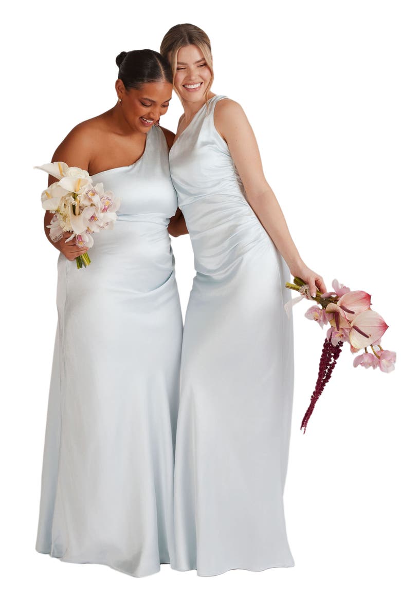 One Shoulder Satin Bridesmaid Dress, Alternate, color, Ice Blue