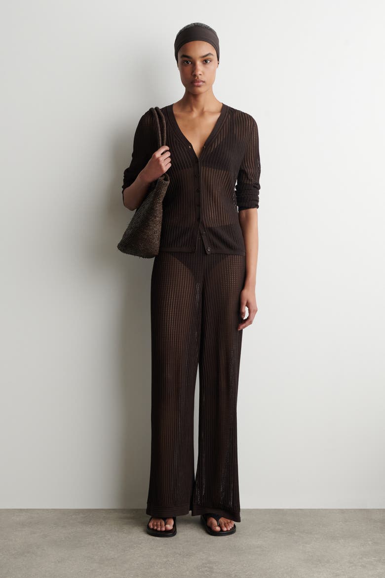 Ribbed Open-knit Pants, Main, color, BROWN