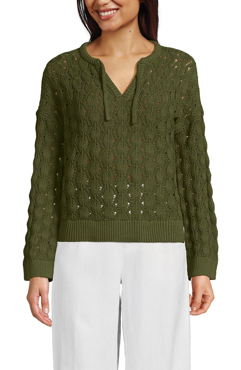 Lands' End Drifter Tie Notch Neck Sweater, Alternate, color, Artichoke