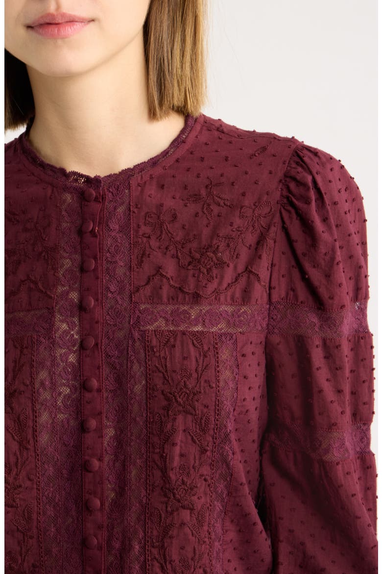 Casetta Lace Puff Shoulder Top, Alternate, color, FADED MERLOT