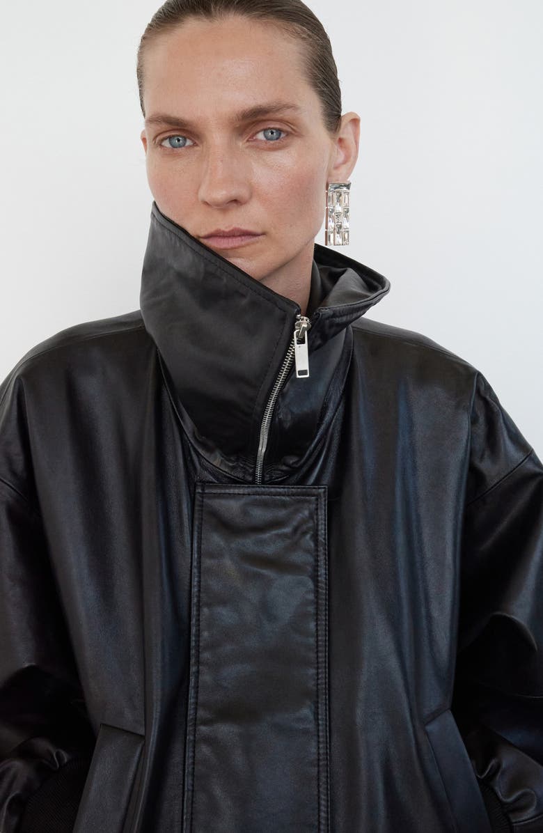 MANGO Selection Oversize Leather Bomber Jacket, Alternate, color, Black