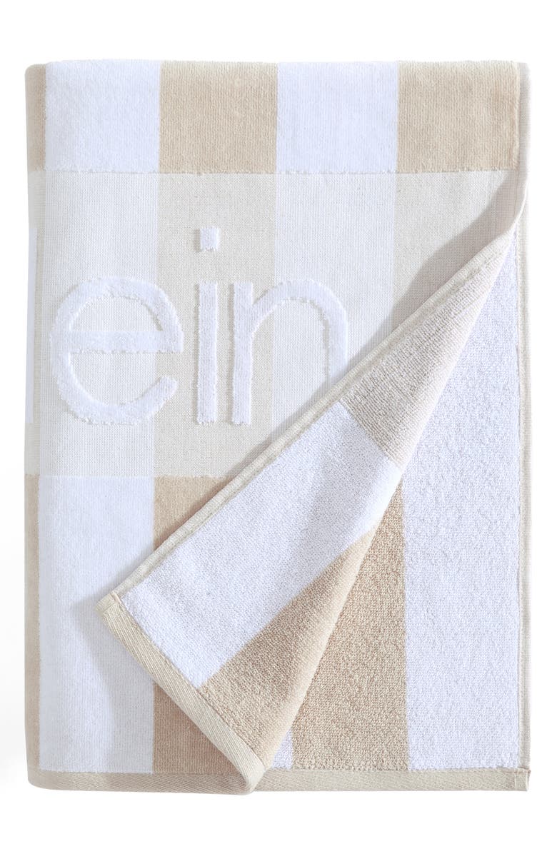Calvin Klein Beach Stripe Logo Towel, Main, color, Beige White