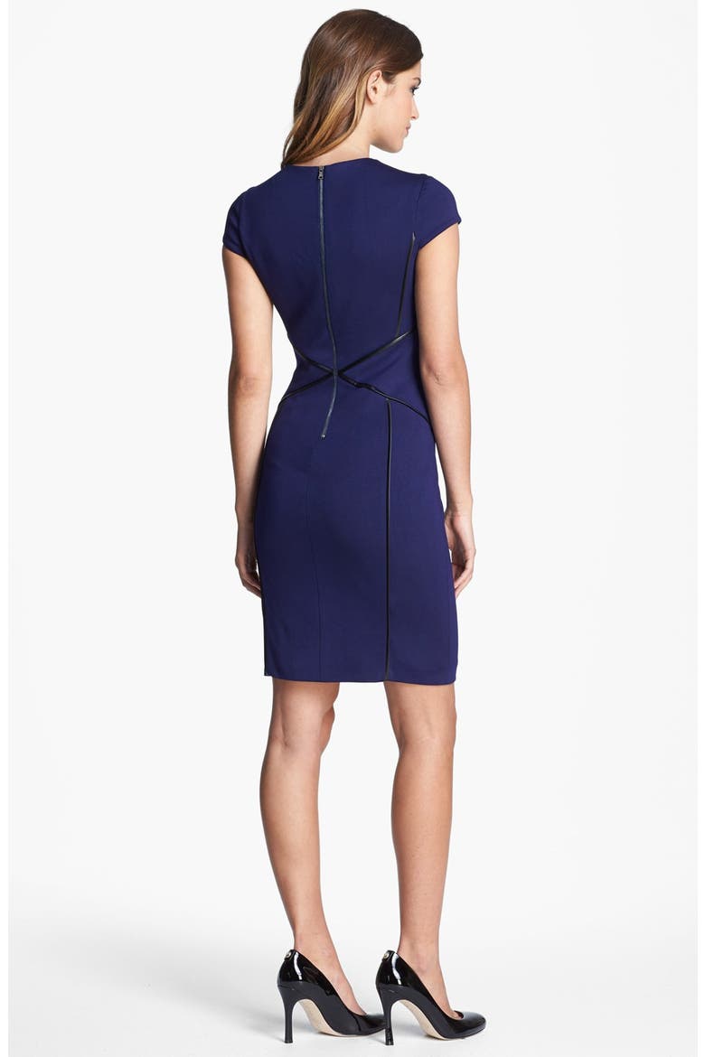 Cap Sleeve Faux Leather Trim Ponte Sheath Dress, Alternate, color, DEEP INDIGO