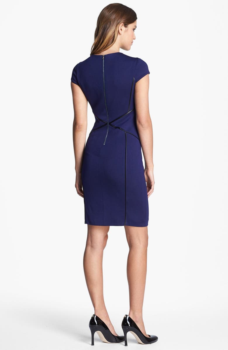 Cynthia Steffe Cap Sleeve Faux Leather Trim Ponte Sheath Dress, Alternate, color, 