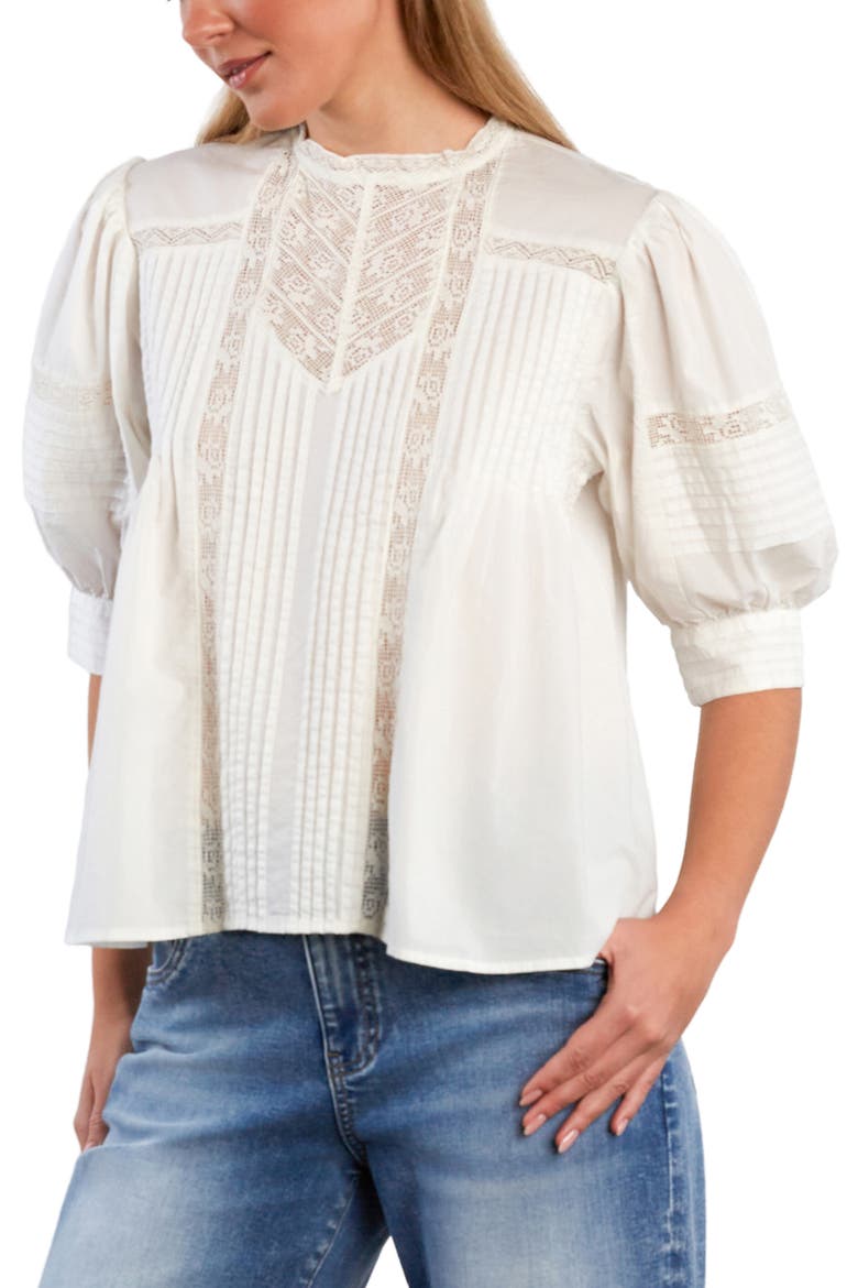 Charmalace Pintuck Lace Inset Cotton Blend Top, Alternate, color, SNOW WHITE
