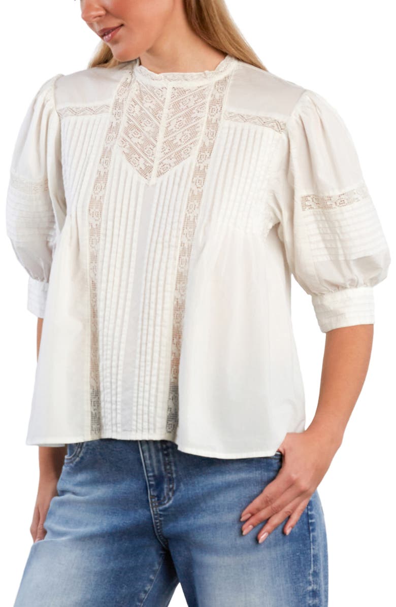Wash Lab Denim Charmalace Pintuck Lace Inset Cotton Blend Top, Alternate, color, Snow White