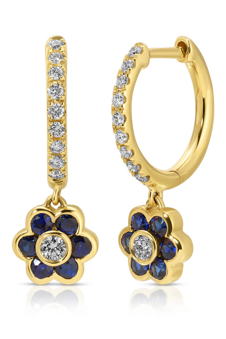 18k Gold Diamond & Blue Sapphire Flower Huggie Hoop Earrings, Main, color, 18K YELLOW GOLD