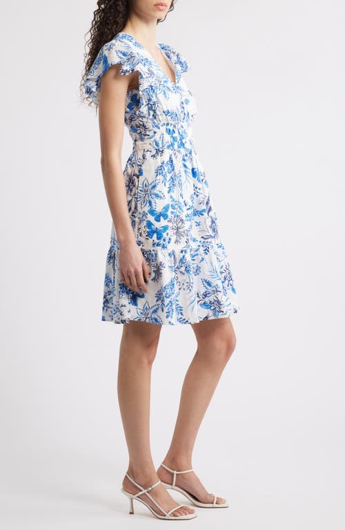 Eliza J Petite Floral Flutter-sleeve Smocked-waist Dress In Iye Blue/white Multi