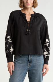 Joie Embroidered Tie Neck Top