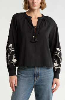 Embroidered Tie Neck Top