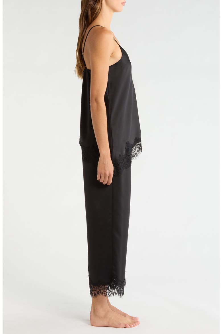 Lace Trim Satin Pajamas, Alternate, color, BLACK