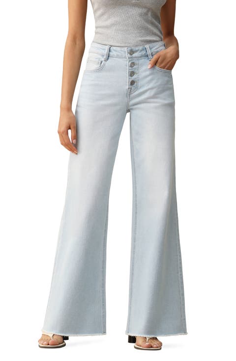 Frayed Exposed Button Mid Rise Wide Leg Jeans