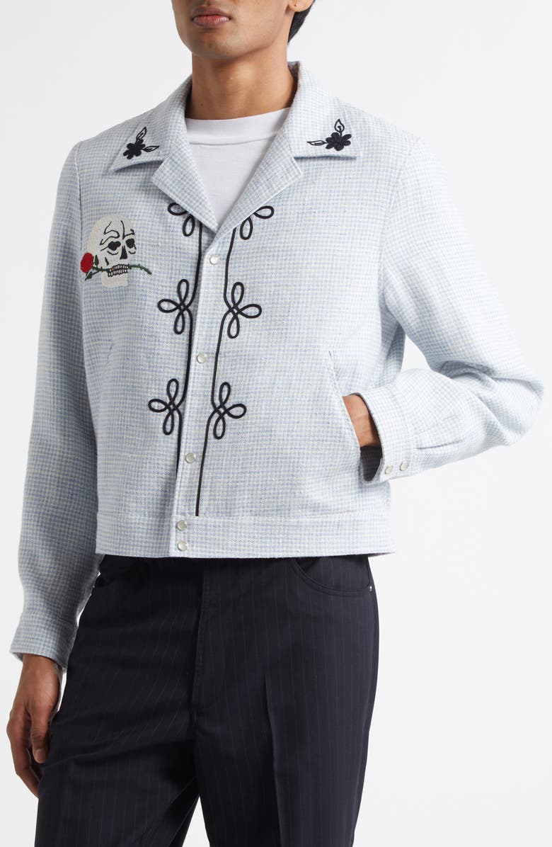 Second Layer Flora Embroidered Houndstooth Virgin Wool Shirt Jacket, Alternate, color, Light Blue/ Ivory 1194