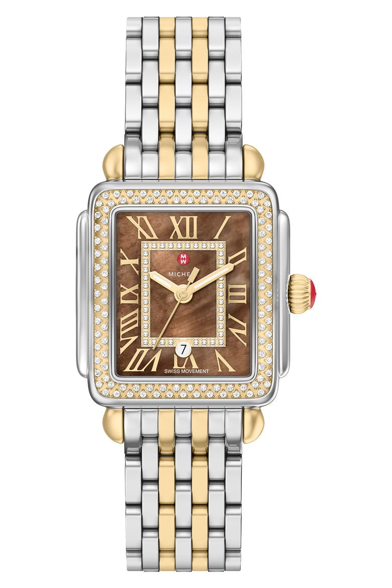 Deco Madison Mid Two-Tone 18K Gold Plate Diamond & Mother-of-Pearl Bracelet Watch, 29mm x 31mm, Main, color, TWO TONE