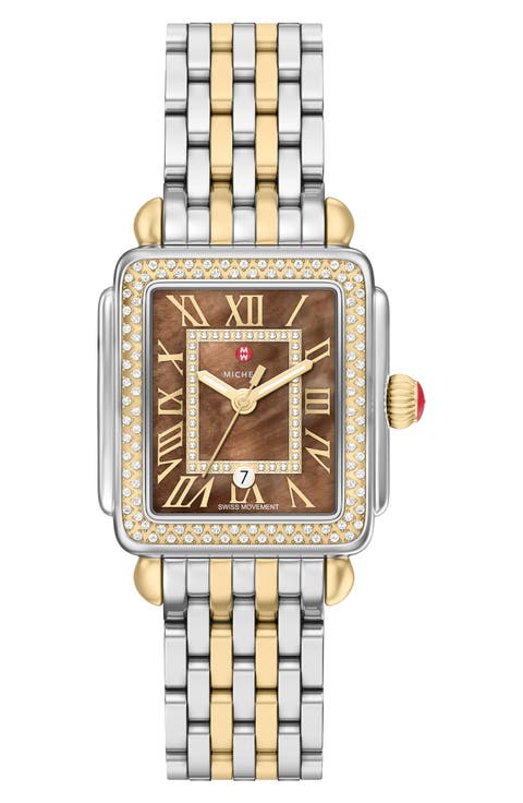 Deco Madison Mid Two-Tone 18K Gold Plate Diamond & Mother-of-Pearl Bracelet Watch, 29mm x 31mm