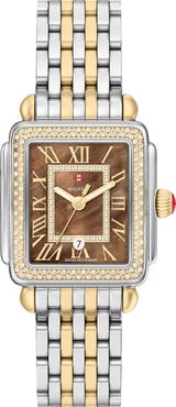 MICHELE Deco Madison Mid Two-Tone 18K Gold Plate Diamond & Mother-of-Pearl Bracelet Watch, 29mm x 31mm