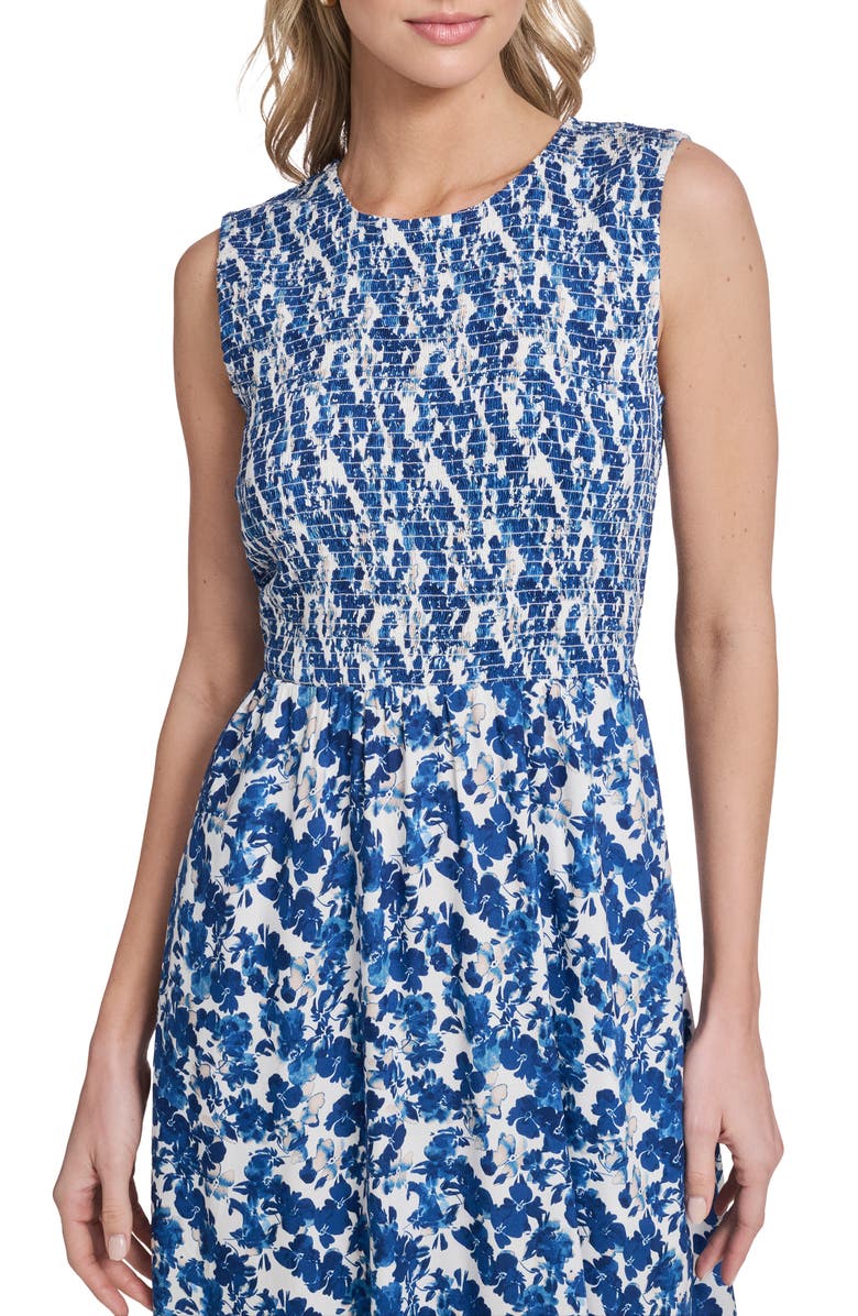 Calvin Klein Floral Sleeveless Smocked Midi Dress, Alternate, color, White/Blue
