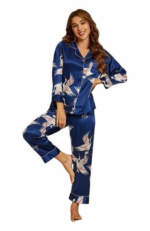 19Momme Pure Silk Printed Classic Binding Trim Womens Pajama set