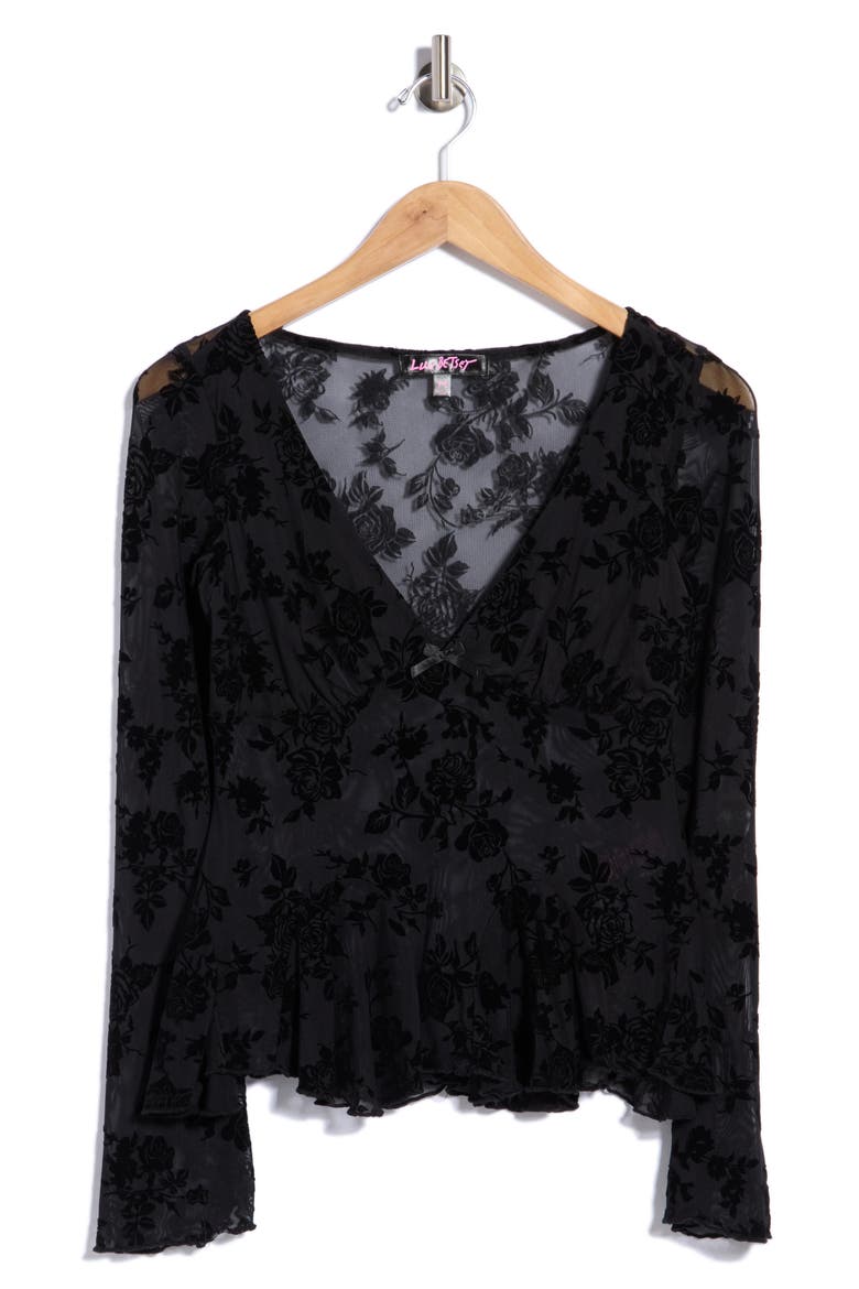 Long Sleeve Fit and Flare Burnout Top, Main, color, BLACK