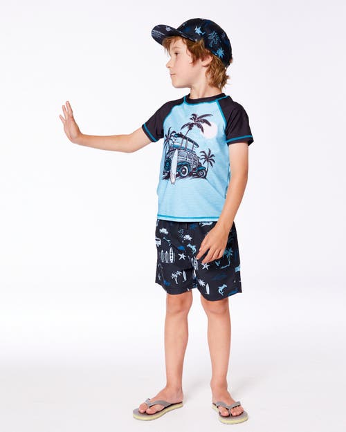 DEUX PAR DEUX DEUX PAR DEUX LITTLE BOY'S PRINTED SWIM TRUNKS LIGHT BLUE BEACH ON BLACK 