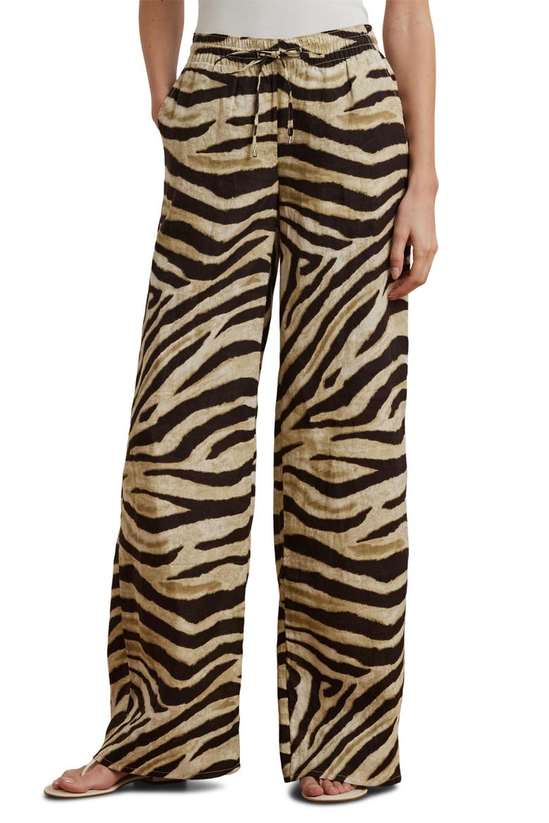 Zebra Print Linen Wide Leg Pants, Main, color, CREAM/ BROWN