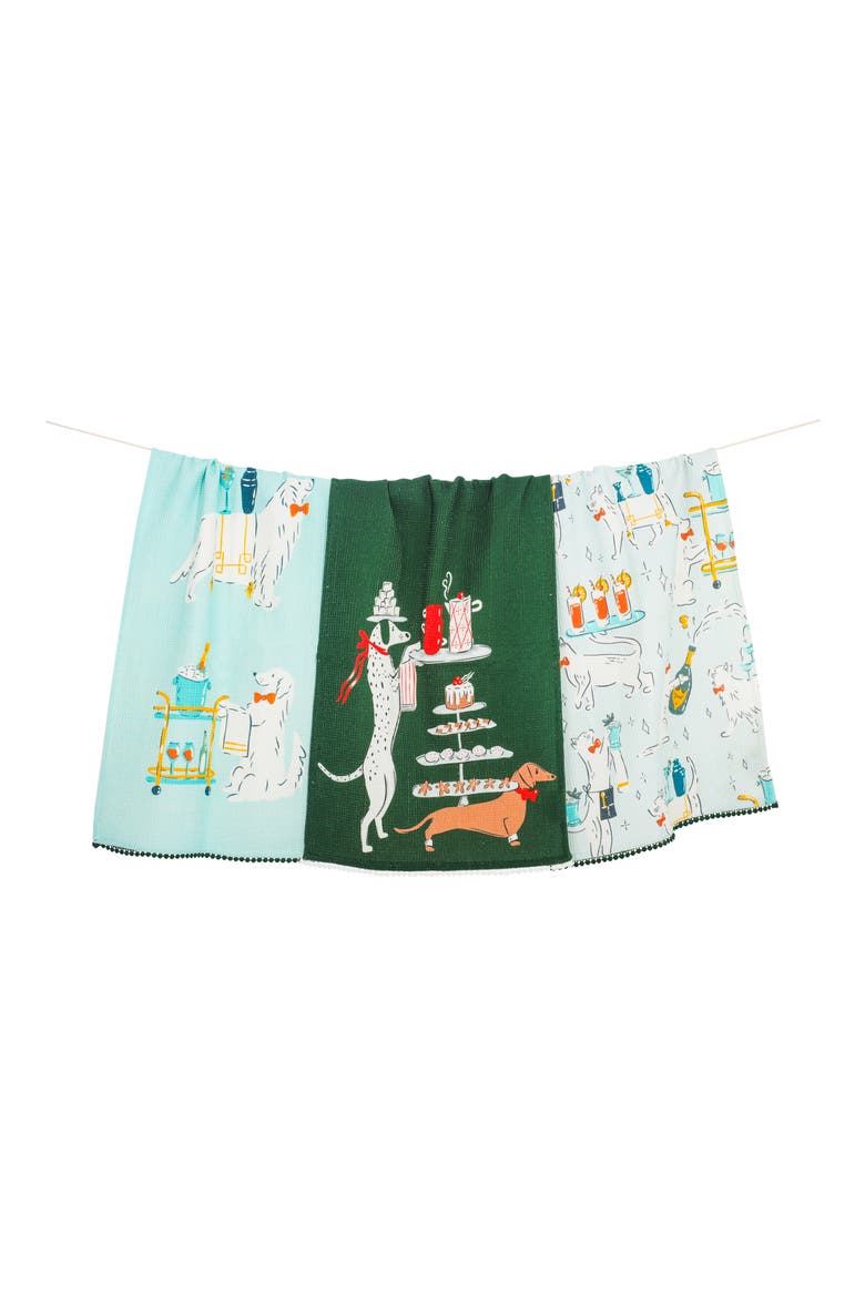 Cocktail Hour Set of 3 Kitchen Towels, Main, color, HUNTER GREEN/ AQUA/