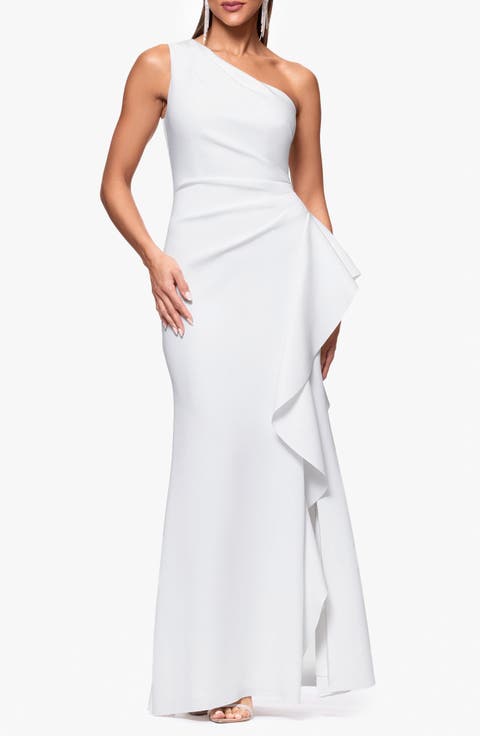 One-Shoulder Ruffle Scuba Crepe Gown (Regular & Petite)