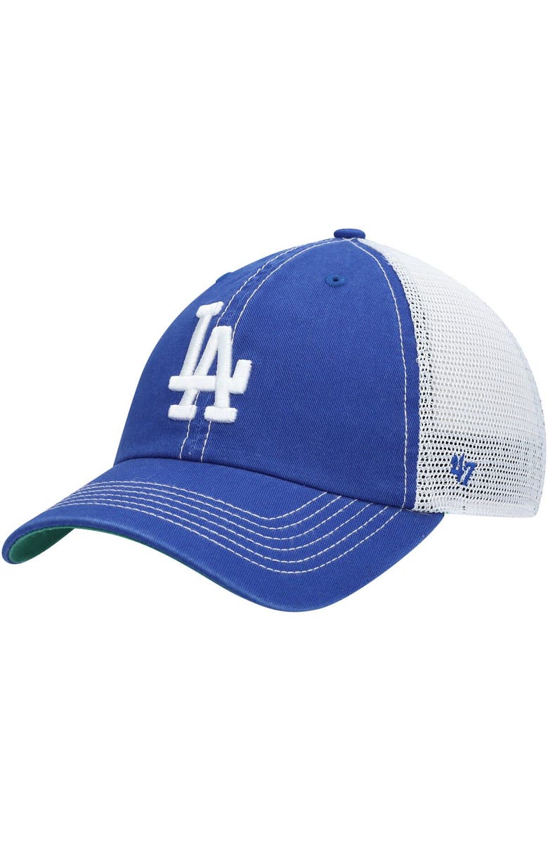 '47 Men's '47 Royal/White Los Angeles Dodgers Trawler Clean Up Trucker Snapback Hat, Main, color, 