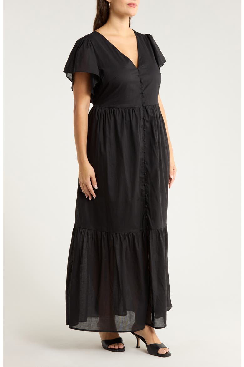 Brigid Flutter Sleeve Midi Dress, Alternate, color, BLACK
